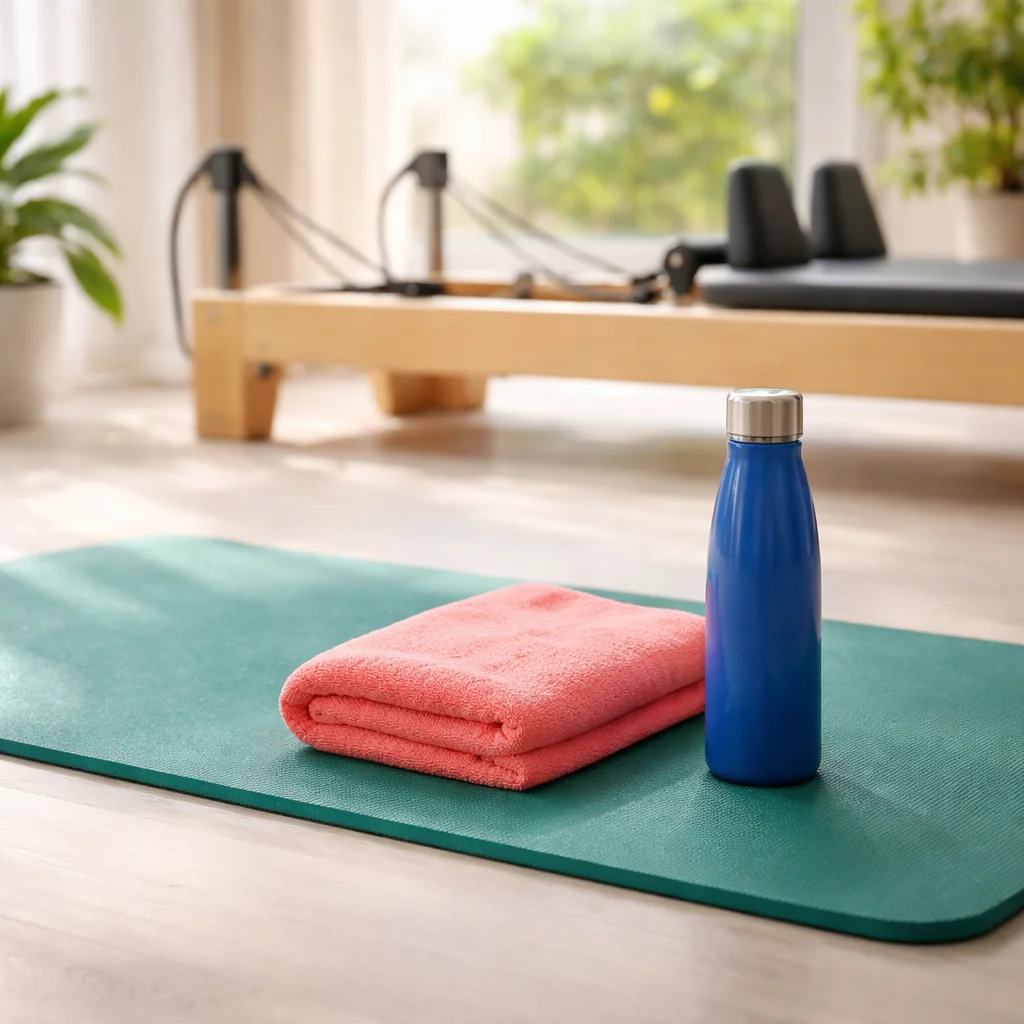 Zelena vadbena podloga, koralna brisača in modra steklenica pred napravo za pilates.